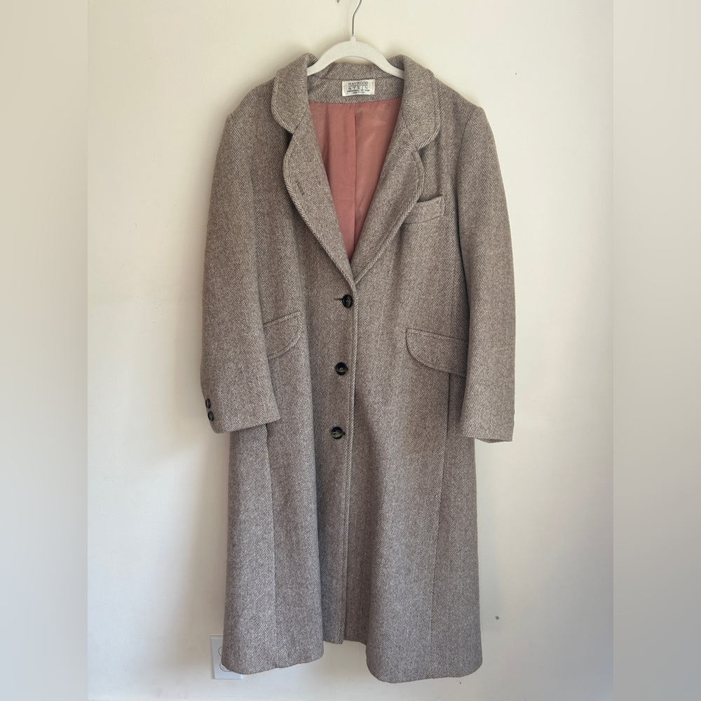 Vintage Women’s Wool Coat Medium Beige Brown Herringbone Old Money Classic